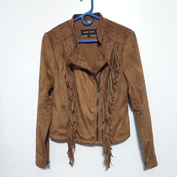 Women's Black Rivet Faux Leather Western Fringed Jacket Long Sleeves Size M - Picture 1 of 12